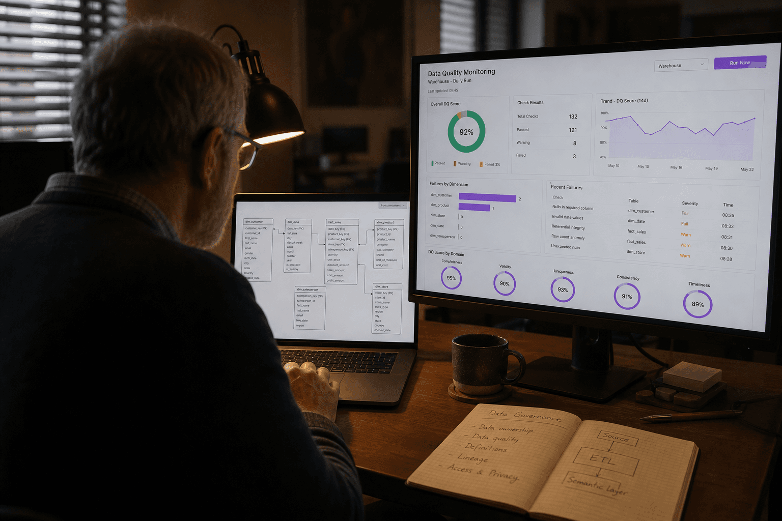 Over-the-shoulder view of a person working late at a laptop and monitor displaying a data warehouse schema and quality charts, lit mainly by screen glow and a warm desk lamp in a dim office.