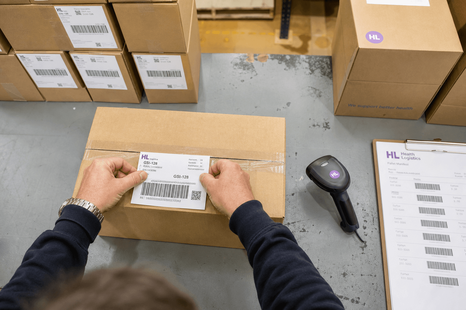 Overhead view of hands applying a barcode label to a carton on a warehouse packing bench, with a handheld scanner and stacked boxes nearby under bright daylight.
