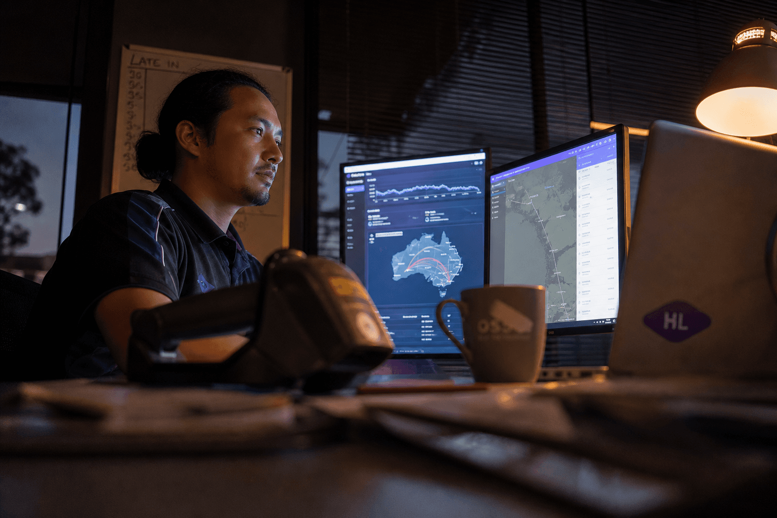Low-angle view past a desk scanner and coffee mug toward a logistics analyst working late at dual monitors showing shipment tracking charts, lit by screen glow and a desk lamp.