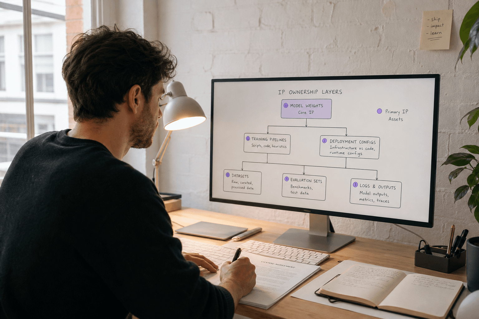 A young male developer sits at a bright standing desk reviewing a hierarchical node-and-edge diagram on his monitor mapping IP ownership layers, with a printed contract and open notebook beside his keyboard.