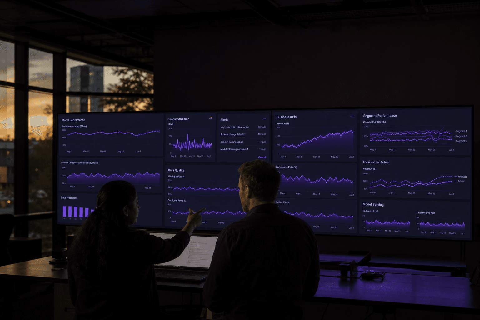 Two engineers stand in silhouette before a wall of dark monitors displaying time-series performance graphs and KPI charts in purple and violet tones, their outlines lit by faint screen glow in a dimly lit Australian tech office.