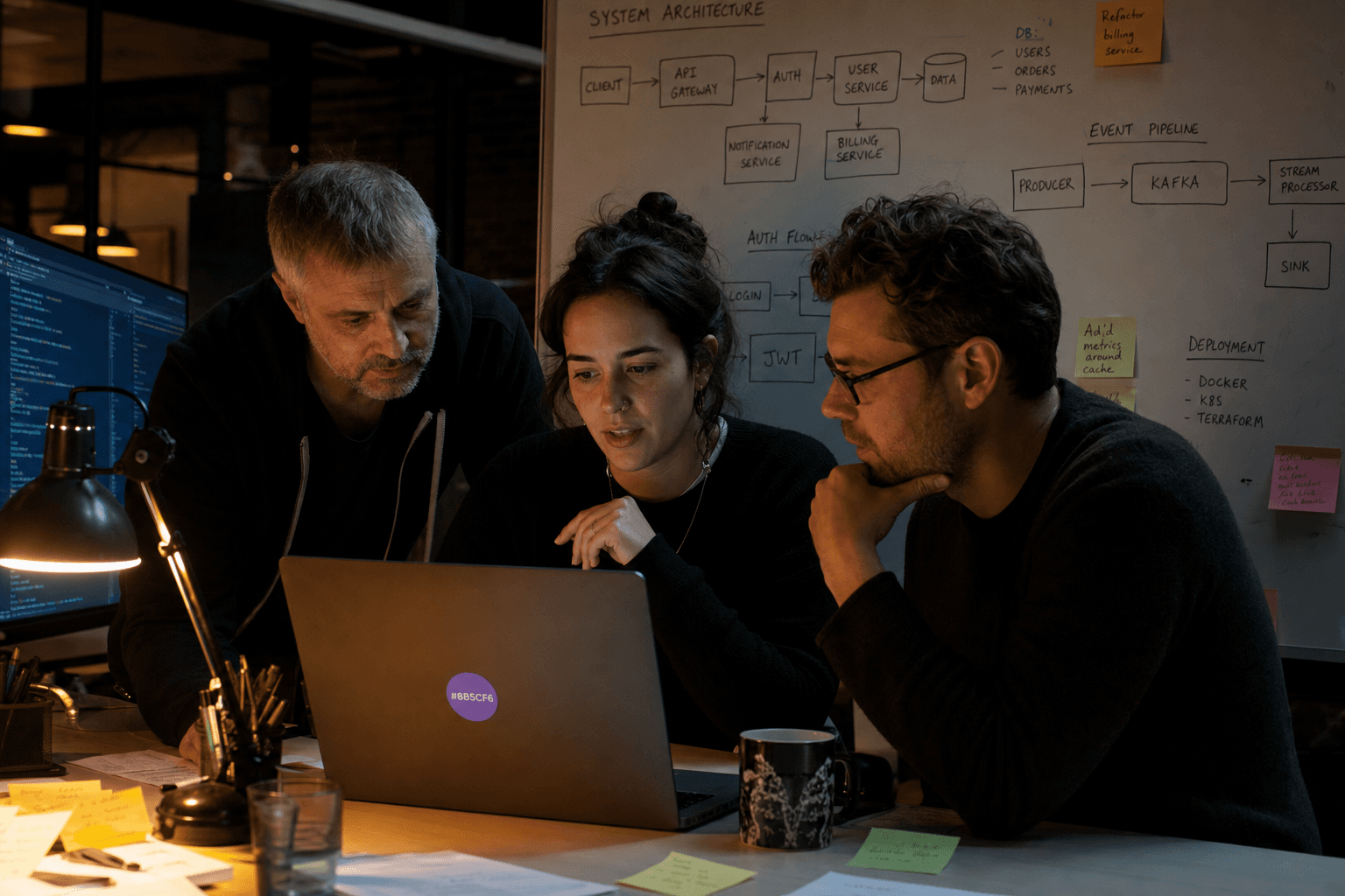Three engineers huddle around a whiteboard and laptop in a darkened Australian tech office, their faces lit by warm task lamps and monitor glow, discussing a hand-drawn system architecture diagram.
