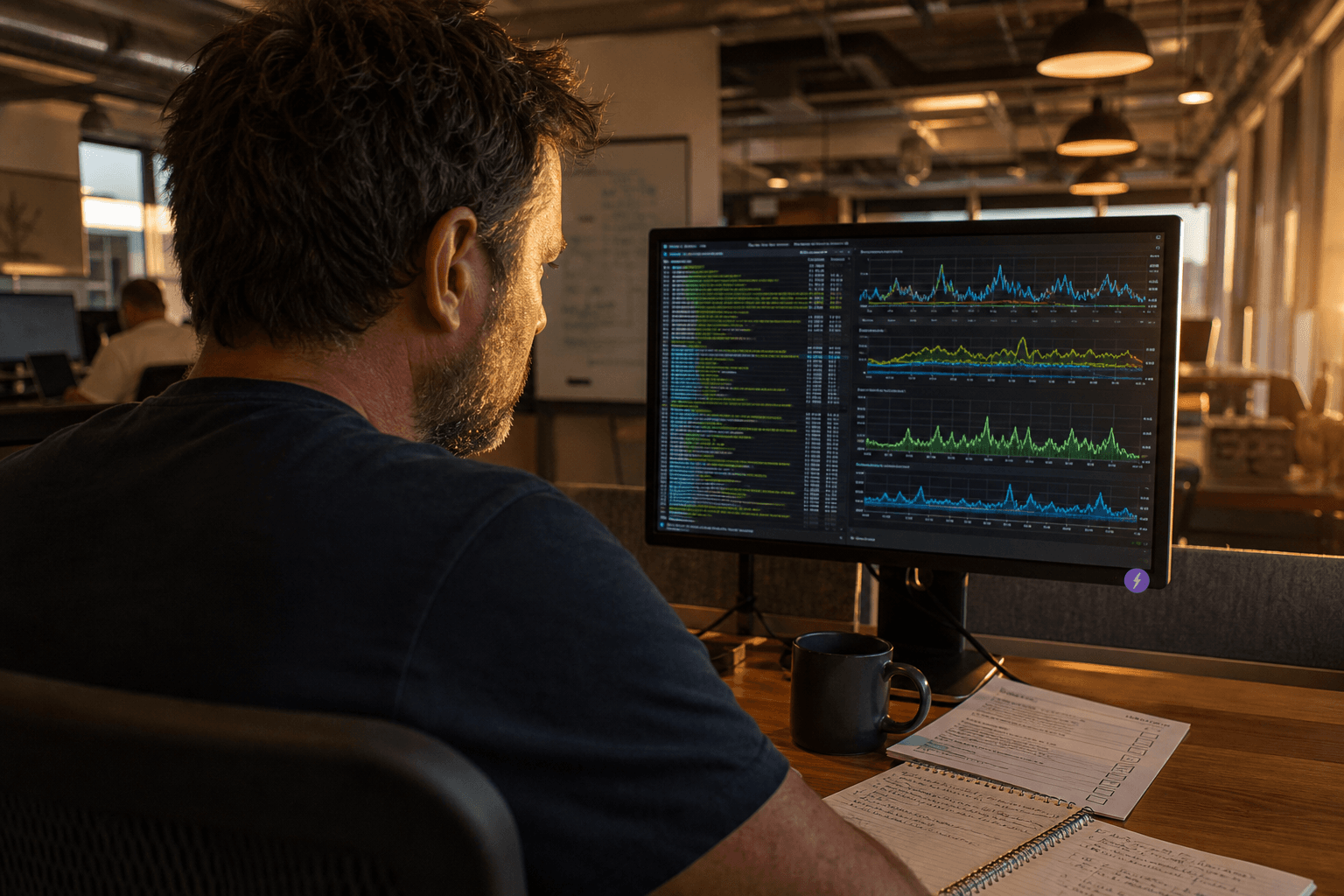 Over-the-shoulder view of a male engineer in his forties at a desk, looking at a large monitor showing a terminal and monitoring graphs, with warm afternoon light from a nearby window and a softly blurred office background.
