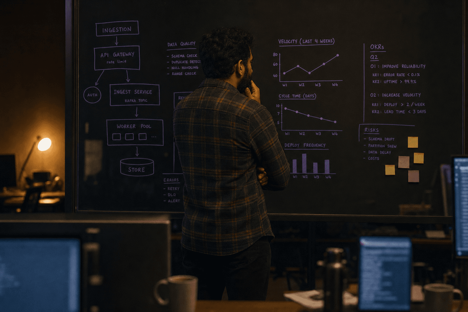 A developer in a flannel shirt stands facing a large whiteboard covered in hand-drawn flow diagrams and markers, silhouetted against a darkened Australian open-plan office with a warm desk lamp behind him.