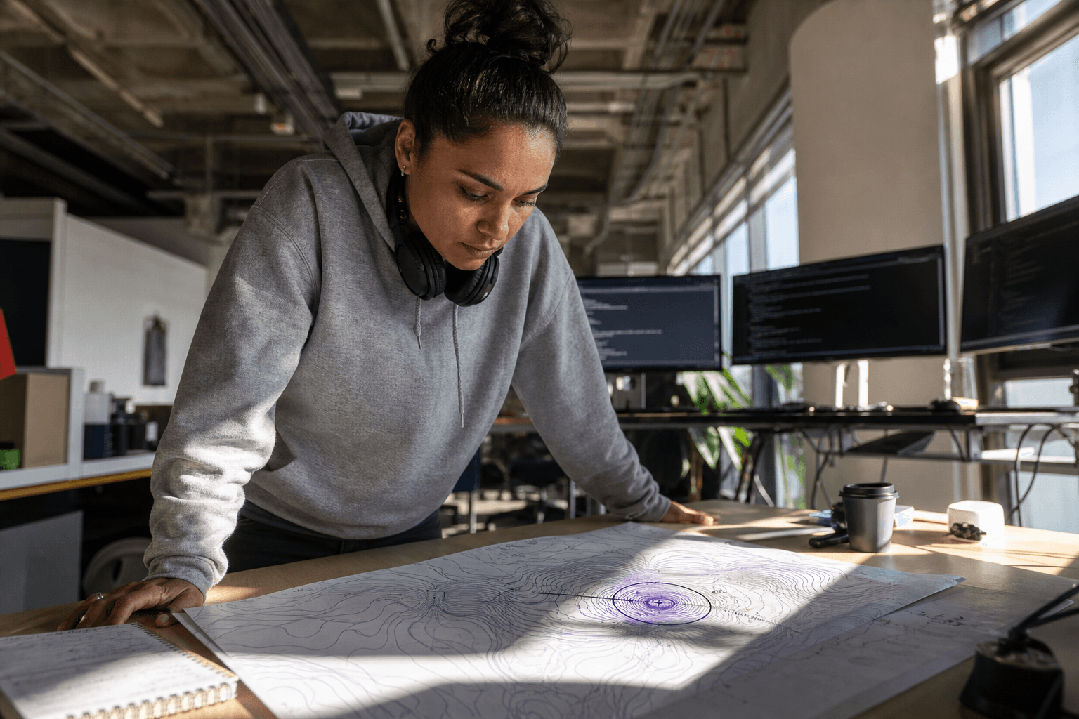 A site reliability engineer leans over a standing desk examining a large printed topographic-style contour map representing system load patterns, with a single circled purple anomaly marking at the centre, in a warm Australian tech office with afternoon window light.