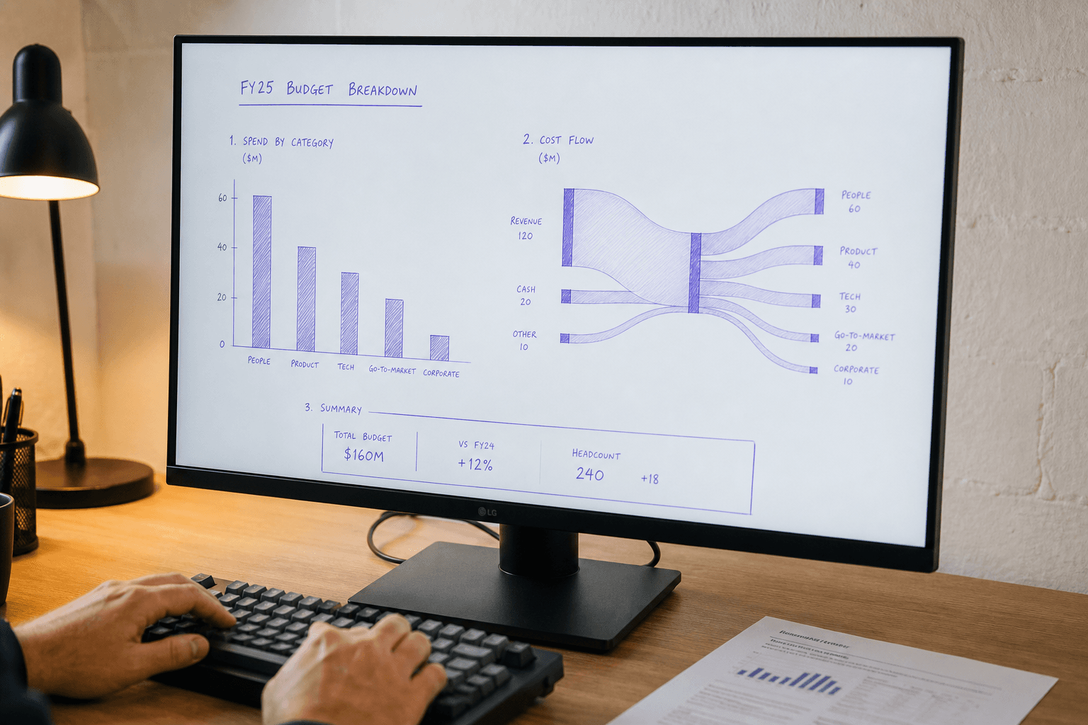 A close editorial photograph of a monitor displaying a minimal budget bar chart and Sankey cost-flow diagram in violet on a white background, with an engineer's hands resting on a keyboard in the foreground on a timber desk.
