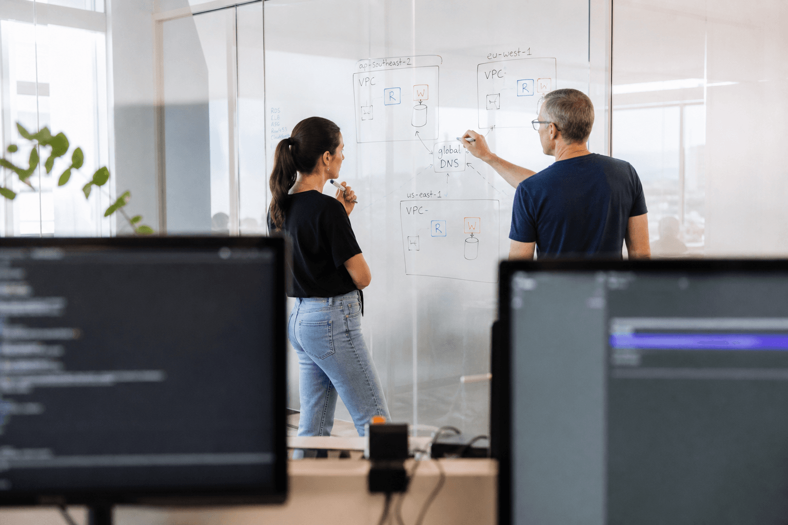 Two engineers sketch a system architecture diagram on a glass wall, seen through the gap between two monitors on a standing desk in a bright, daylit office.