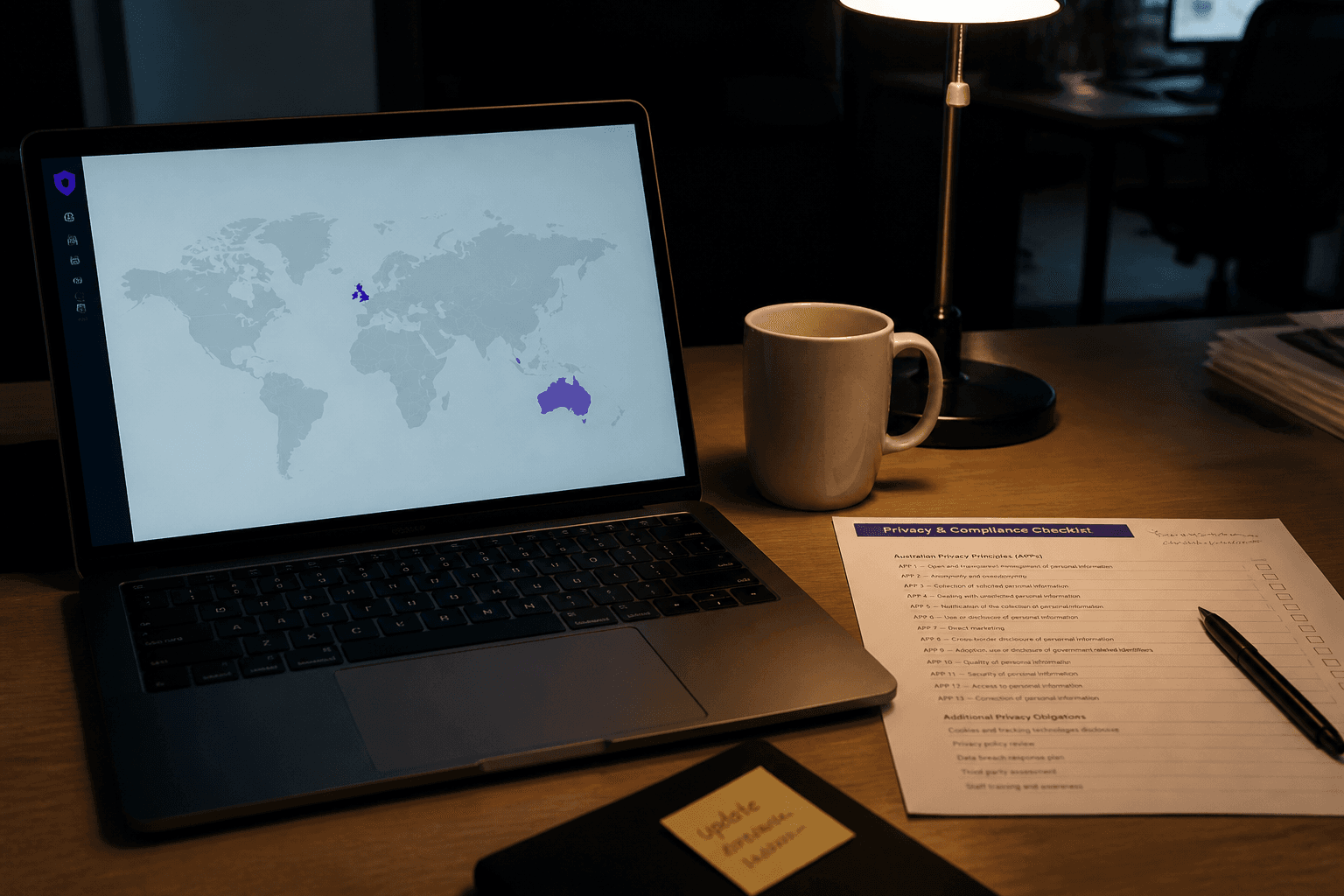 A dimly lit desk with a laptop showing a world map with a few highlighted regions, next to a printed checklist and a desk lamp, in a moody evening office setting.