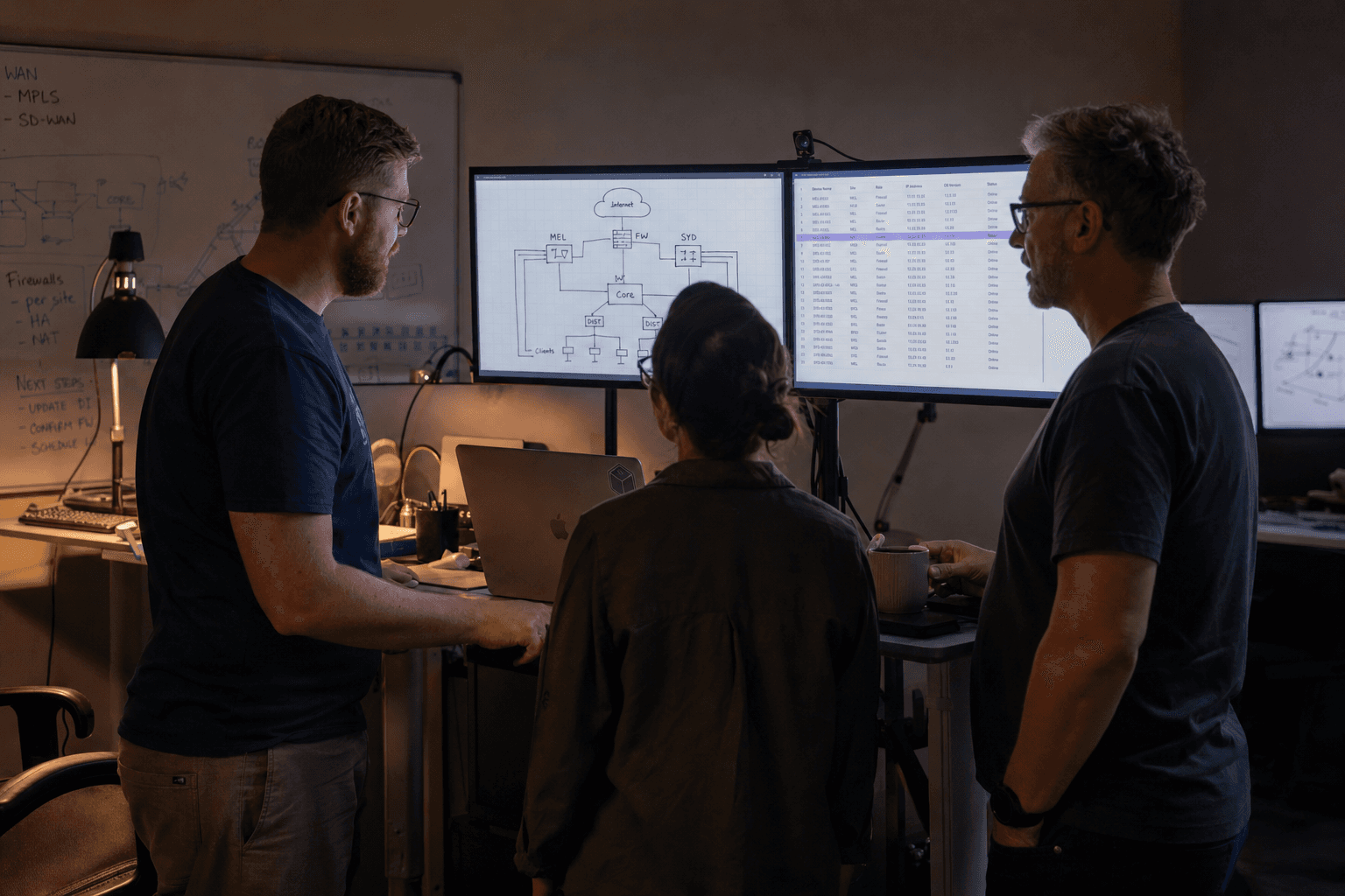 Three engineers gathered around a standing desk with dual monitors in a dimly lit office, their faces lit by screen glow and a warm desk lamp while reviewing a network diagram and asset list.