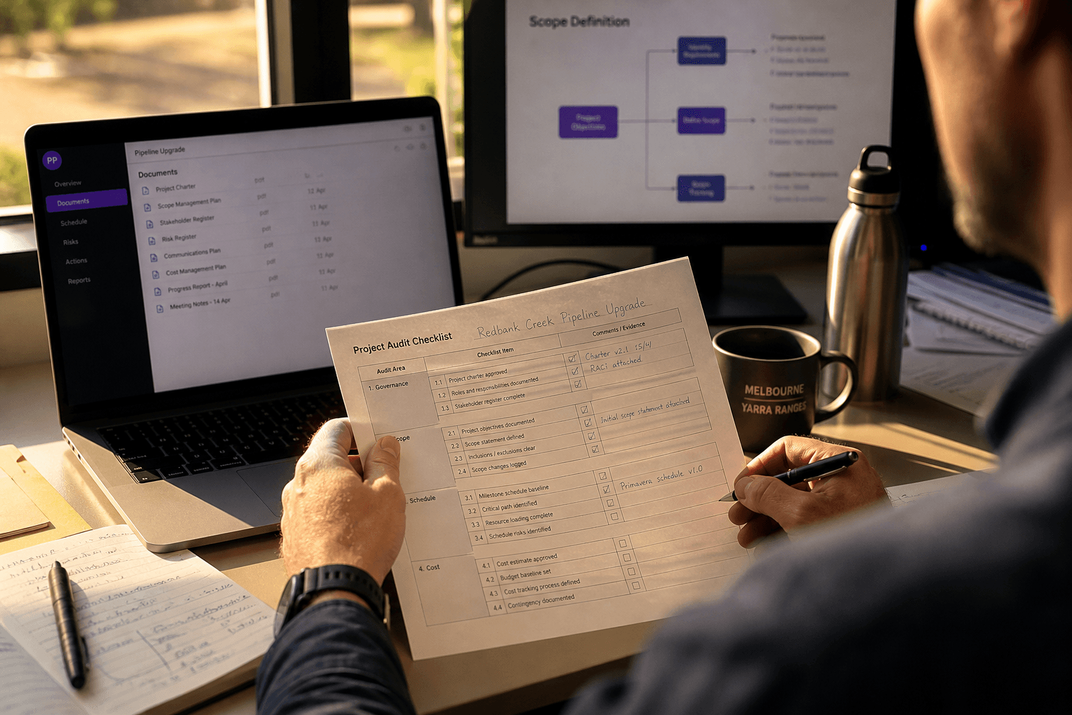 Over-the-shoulder view of a person reviewing a printed audit checklist and laptop at a desk, lit by warm golden-hour light with a diagram visible on a second monitor in the background.