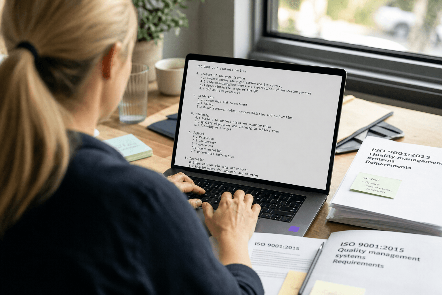 Over-the-shoulder view of a person at a laptop covered with sticky notes and printed documents, working in bright daylight near a window.