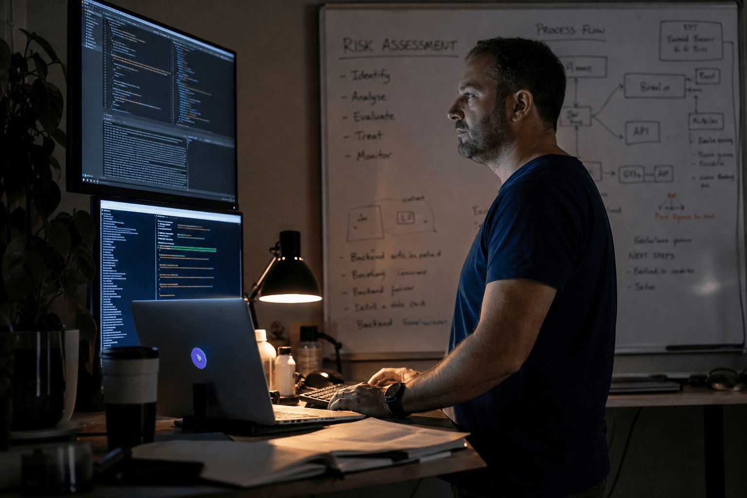 A single engineer works late at a standing desk with two monitors, lit by screen glow and a warm desk lamp, with a whiteboard of process notes behind them.