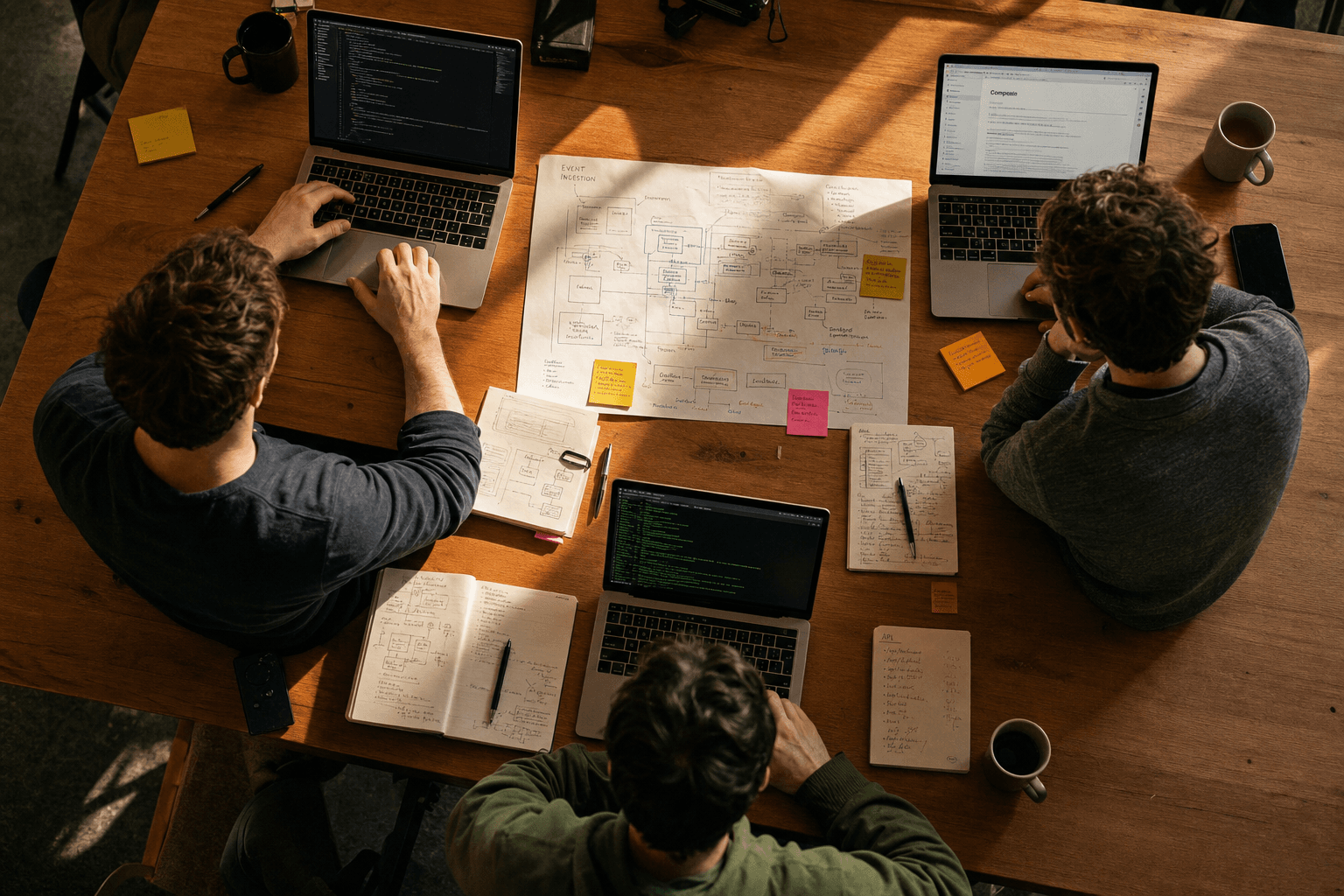 Overhead view looking down onto a shared office desk where three developers work on laptops surrounded by sticky notes, annotated architecture diagrams, and open notebooks in warm golden-hour light.