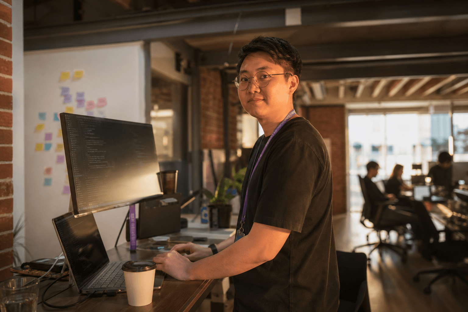 An engineer stands at a standing desk in a sunlit open-plan office, working at a monitor with a whiteboard and sticky notes visible behind them.