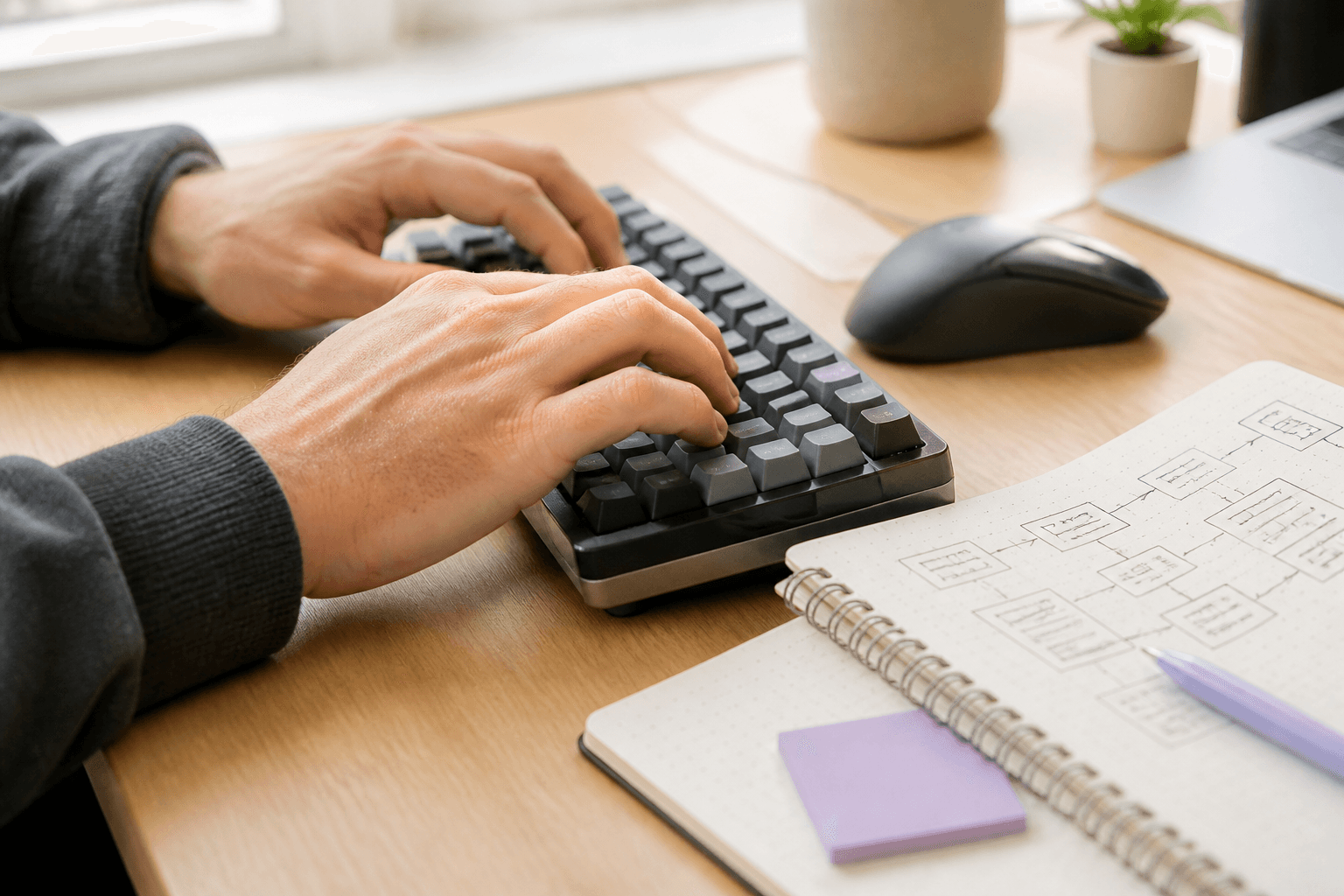 Close-up of hands typing on a keyboard beside a notebook with a hand-drawn system diagram, lit by bright natural daylight.