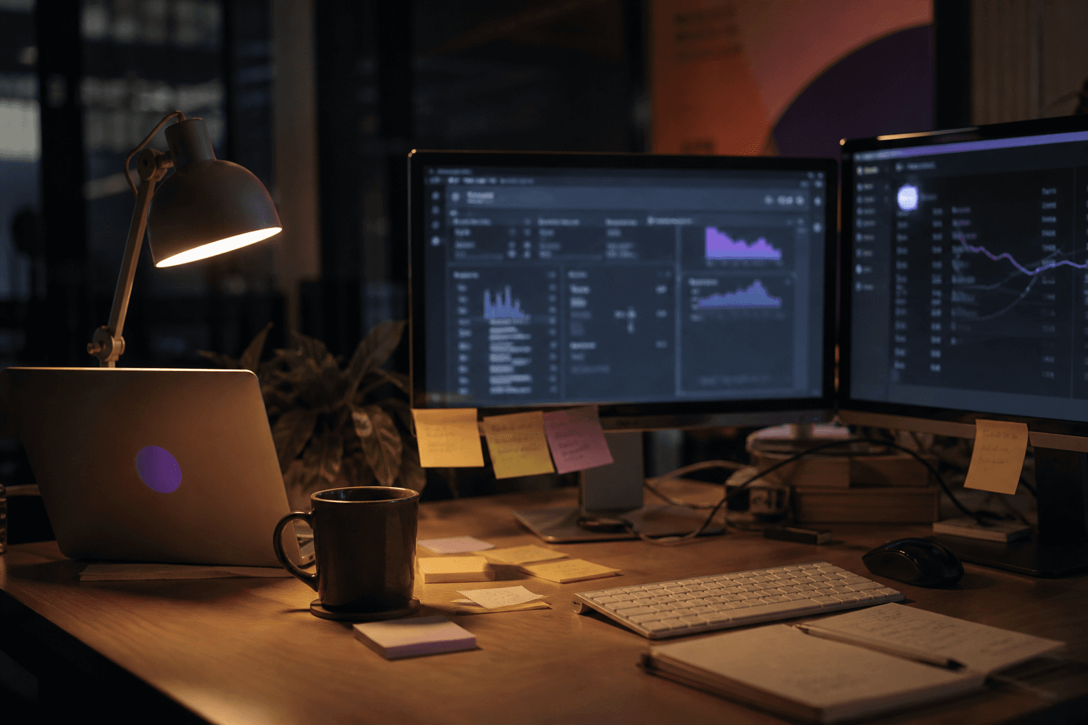 A dimly lit office desk at night with two monitors glowing softly, a warm desk lamp switched on, a coffee cup and sticky notes, no people in frame.
