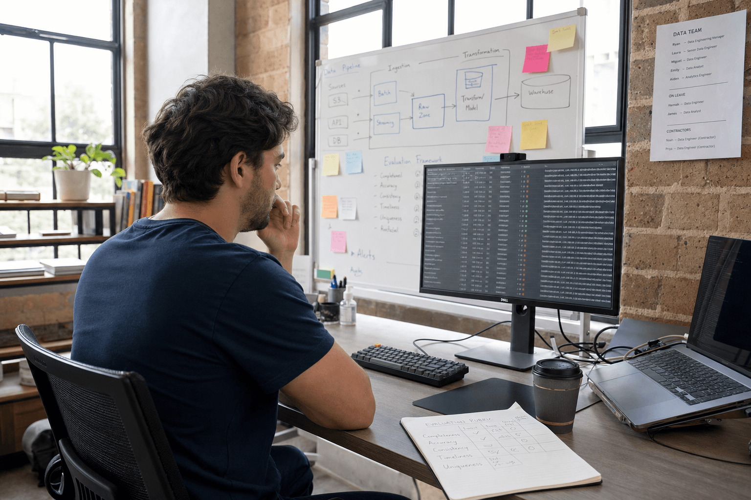 A male data engineer sits at his workstation in a bright daylit Australian tech office, reviewing evaluation results on a large monitor beside an open notebook with handwritten notes, whiteboard sketches visible in the soft-focus background.