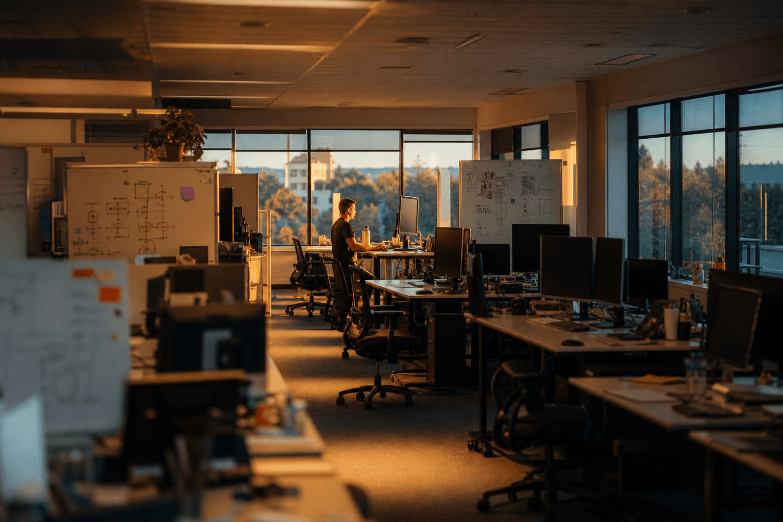 Wide view of an open-plan office at golden hour, with rows of standing desks and whiteboards, and one engineer working at a sunlit workstation in the middle distance.
