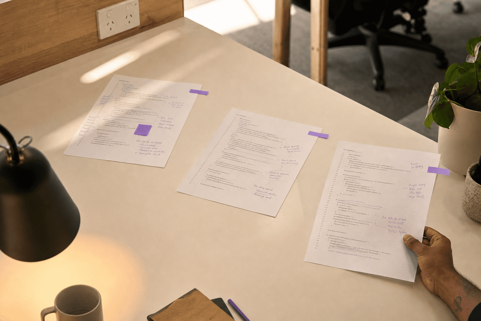Three annotated printed code sheets arranged in an exploded isometric layout across a warm off-white desk, with a developer's hand placing the third sheet, sparse violet pen annotations visible, warm window light casting soft shadows.