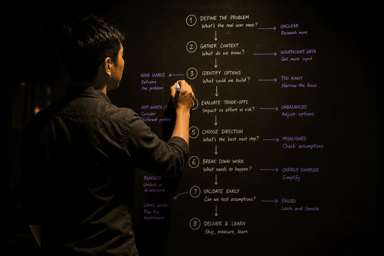 An East Asian male engineer stands facing a large dark glass board in an Australian office, arm raised mid-writing, a chain of numbered reasoning steps and branching decision paths drawn in white and violet marker on the near-black surface.