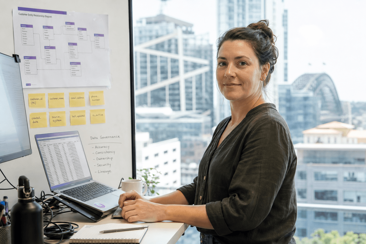 A data governance professional stands at a bright, window-lit workstation with a laptop showing a spreadsheet and a printed data model diagram pinned to the wall nearby.