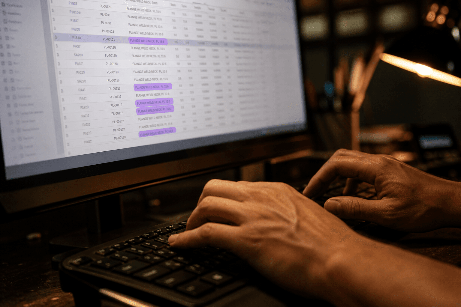 Close-up of hands typing on a keyboard in a dimly lit room, with a blurred computer screen showing rows of data records in the background.
