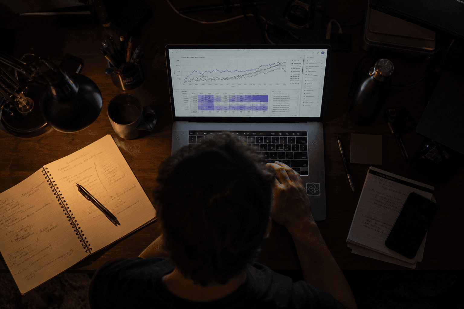 Overhead view of a desk at night showing a laptop with cohort analysis charts, a notebook, pens and a coffee cup, lit by screen glow and a warm desk lamp.