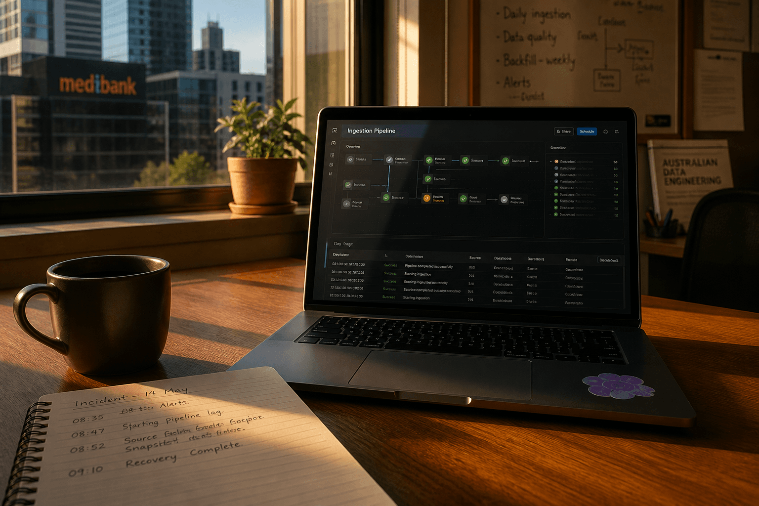 A desk detail showing a laptop with a pipeline monitoring interface, a handwritten notebook, and a coffee mug, lit by warm golden-hour window light, no people visible.