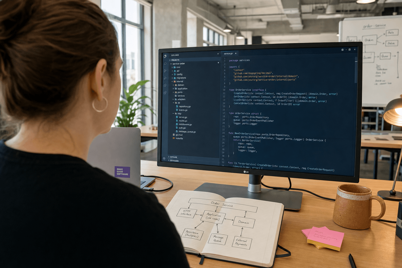 Over-the-shoulder view past a female software engineer toward her monitor showing a structured code editor with distinct module folders, beside a notebook open to hand-drawn diagrams of a single application divided into labelled internal modules, in a bright naturally lit Australian tech office.