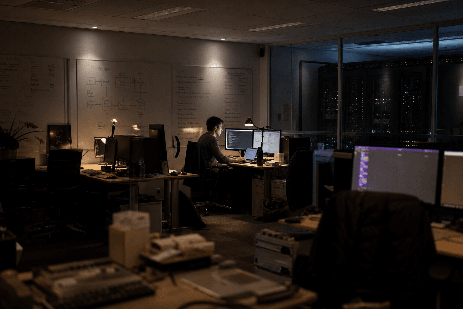 A wide, dimly lit office at night showing one engineer working alone at a desk among rows of empty workstations and whiteboards, lit by screen glow and warm desk lamps.