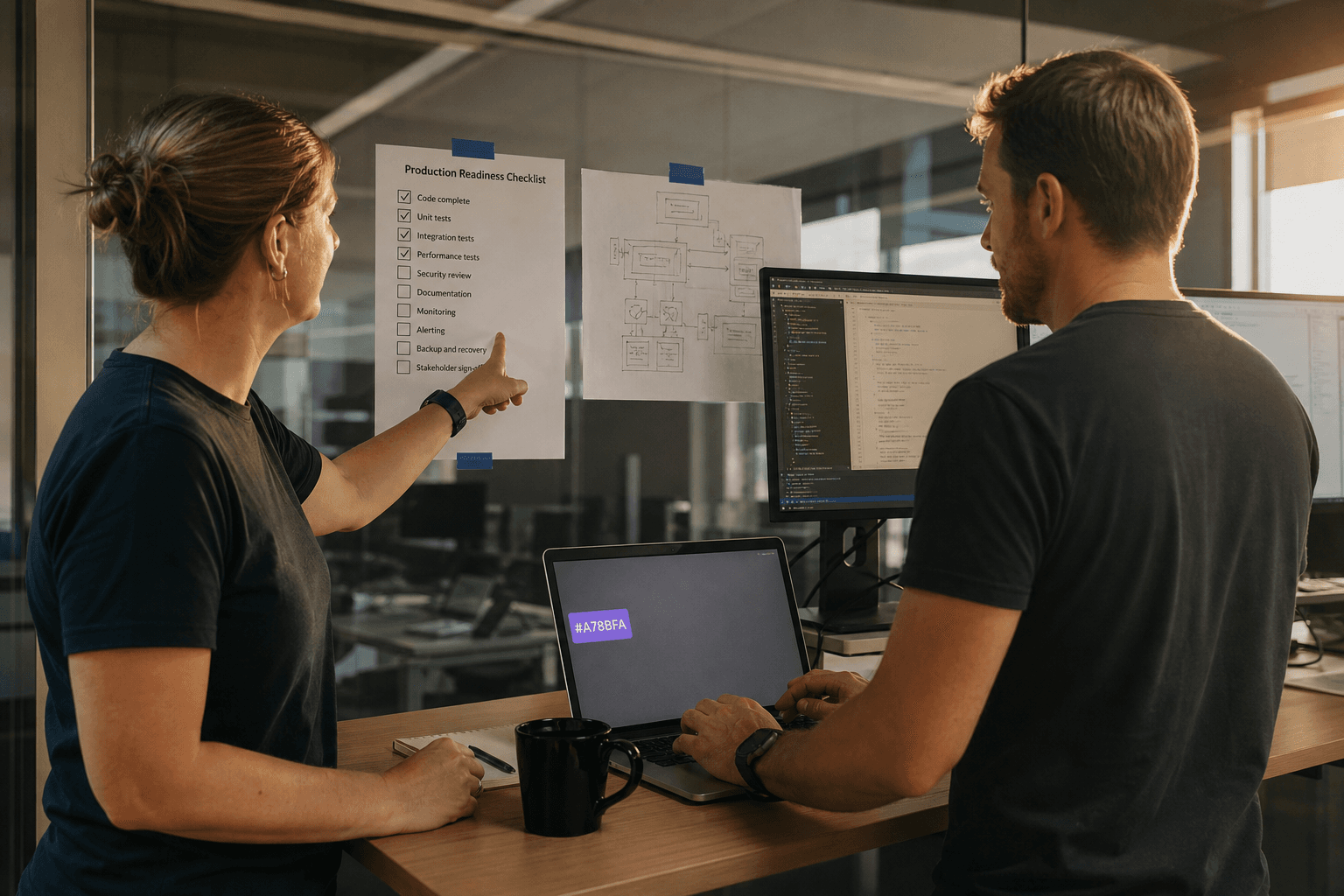 Two engineers in a warmly lit office review a printed checklist and sketched diagram taped to a glass wall, with a laptop and dual monitors nearby during late-afternoon light.