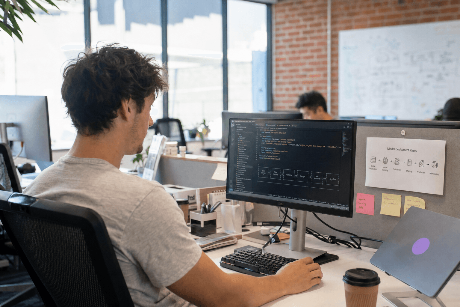 An ML engineer sits at his workstation in a bright, airy Australian open-plan tech office bathed in natural window daylight, looking at a monitor showing a Python pipeline script, with sticky notes and printed diagrams on the partition behind him.