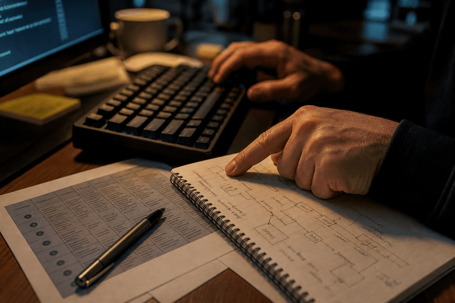 A close-up of a data engineer's hands resting on a keyboard beside an open notebook showing hand-drawn pipeline stage diagrams, lit by warm amber task-lamp light and cool screen glow in a dimly lit tech office.