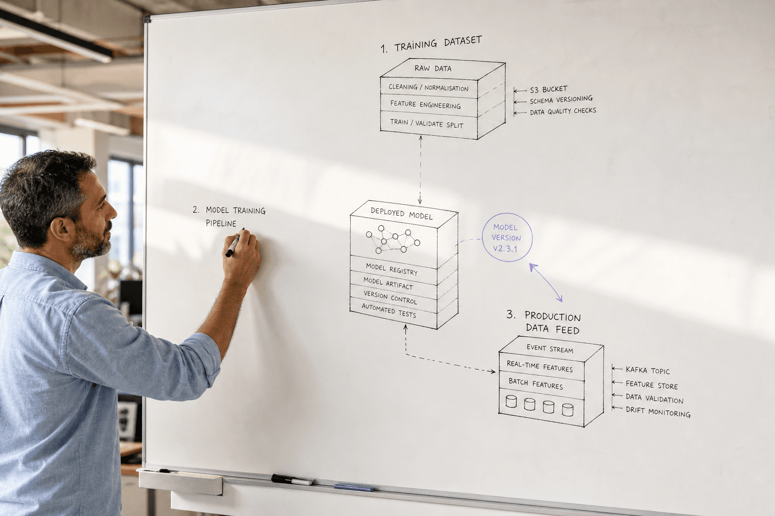 An engineer's hand annotates an exploded isometric pipeline diagram on a large off-white whiteboard in a bright Australian open-plan office, with sparse violet marker accents and generous negative space between diagram blocks.