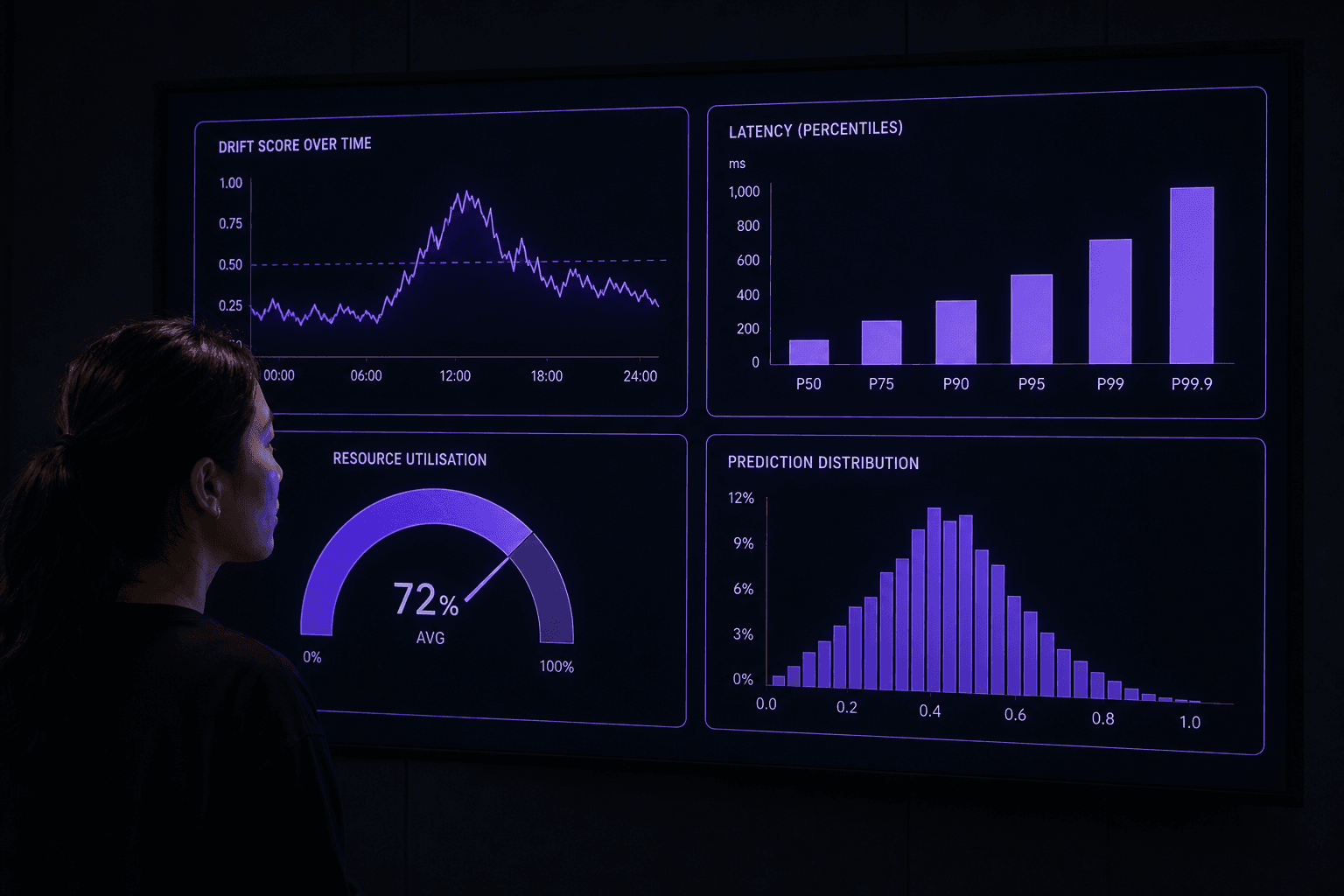 A young East Asian Australian woman stands in silhouette before a large dark monitor showing four violet-accented dashboard panels in a dimly lit engineering war-room, her face softly lit by the screen glow.