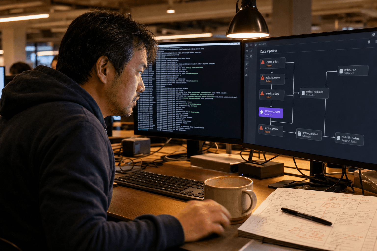 A middle-aged East Asian male data engineer sits at a dual-monitor workstation in an Australian office, studying terminal logs and a data pipeline diagram with red warning nodes, with annotated printed architecture notes beside a coffee mug on his desk.