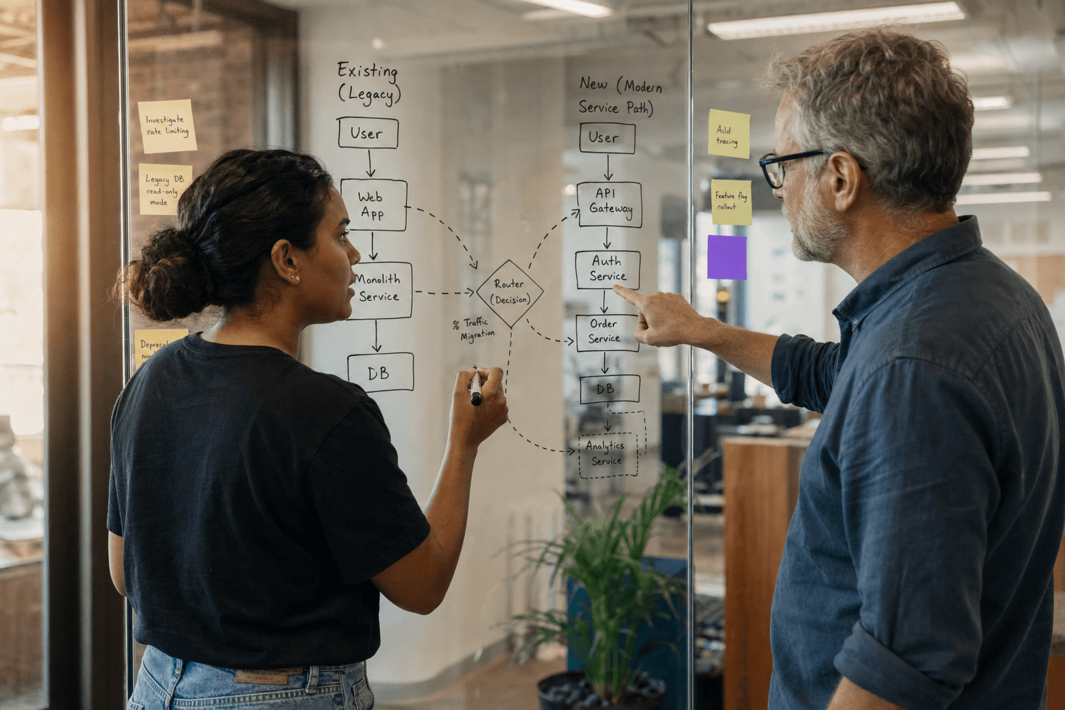 A young Aboriginal Australian woman and an older white man sketch a parallel migration flow diagram on a glass whiteboard partition in a warm Australian tech office, with sticky notes clustered around decision points on the glass.
