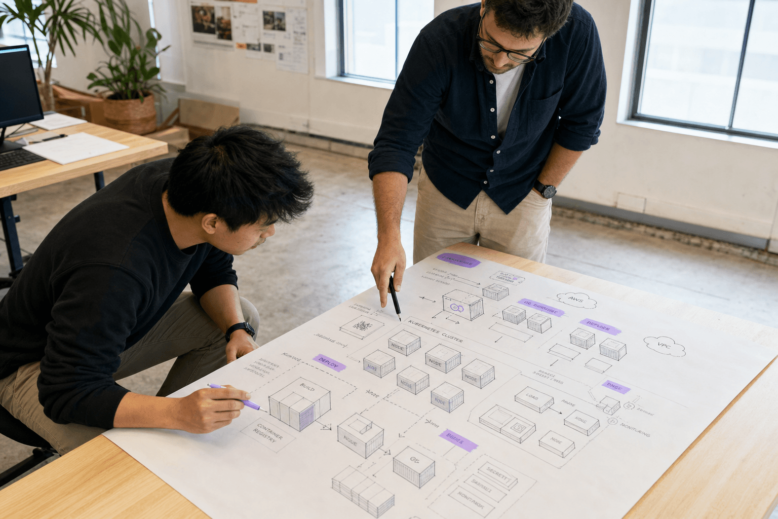 Two engineers lean over a large printed infrastructure diagram on a bright timber desk, examining isometric container and deployment diagrams marked with sparse purple highlights.