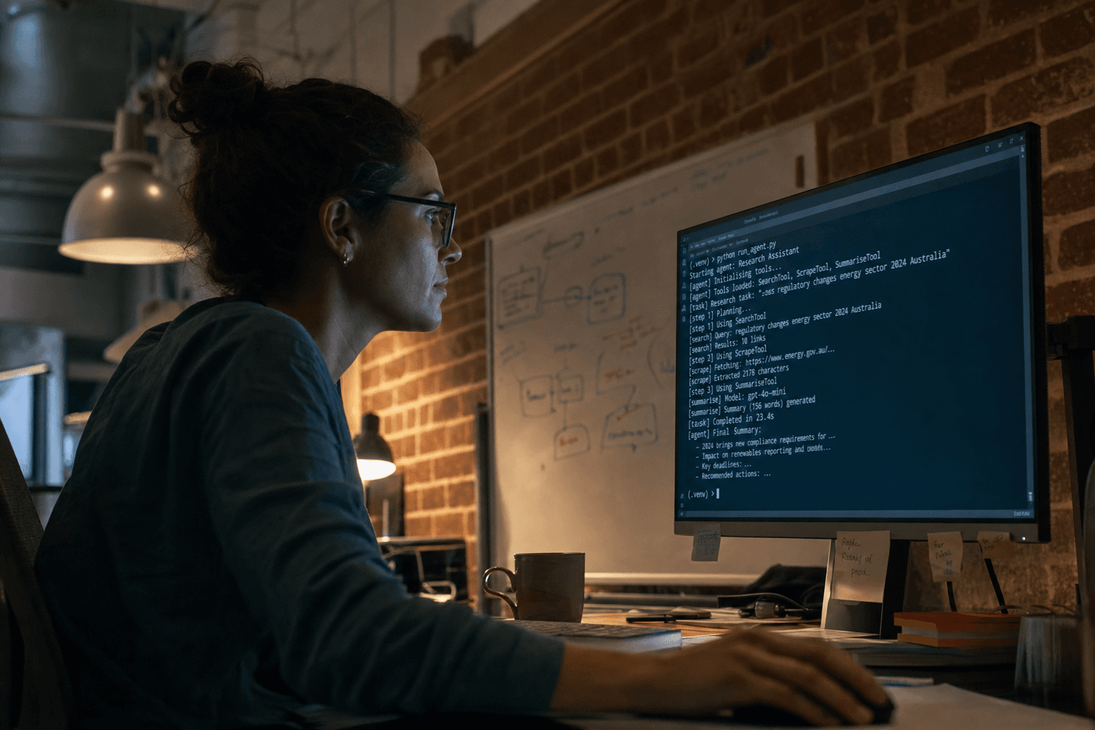 A female software engineer viewed in side profile, lit by screen glow and a warm desk lamp, leaning toward a monitor showing terminal output in a dimly lit Australian tech office.