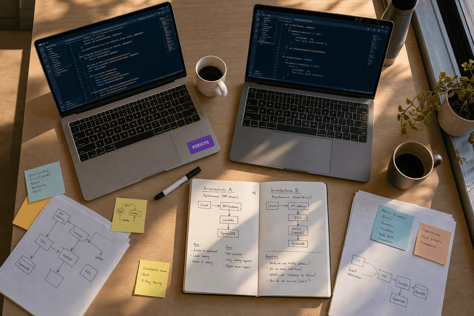 Overhead view of a shared work desk with two open laptops, a notebook showing hand-drawn workflow diagrams, sticky notes, and coffee cups, bathed in warm golden-hour light from a nearby window.