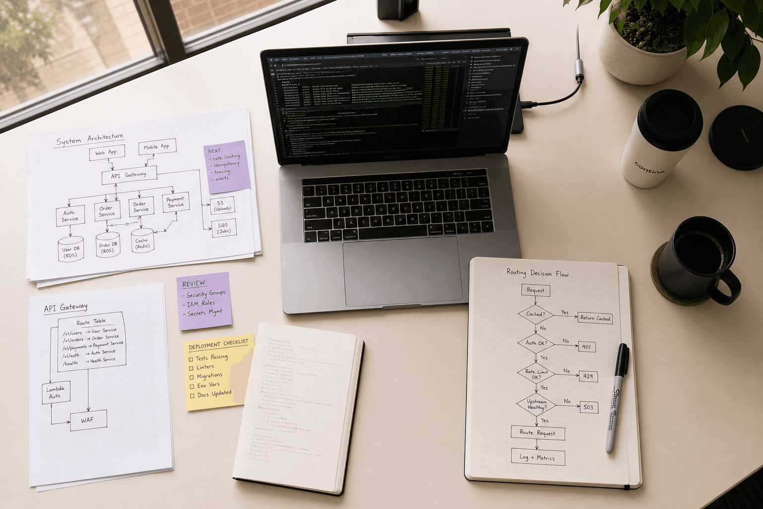 Overhead view looking straight down onto a developer's desk with an open laptop showing a terminal, handwritten routing flowchart on a notepad, printed architecture sketches, sticky notes, and a coffee cup, lit by bright even daylight.