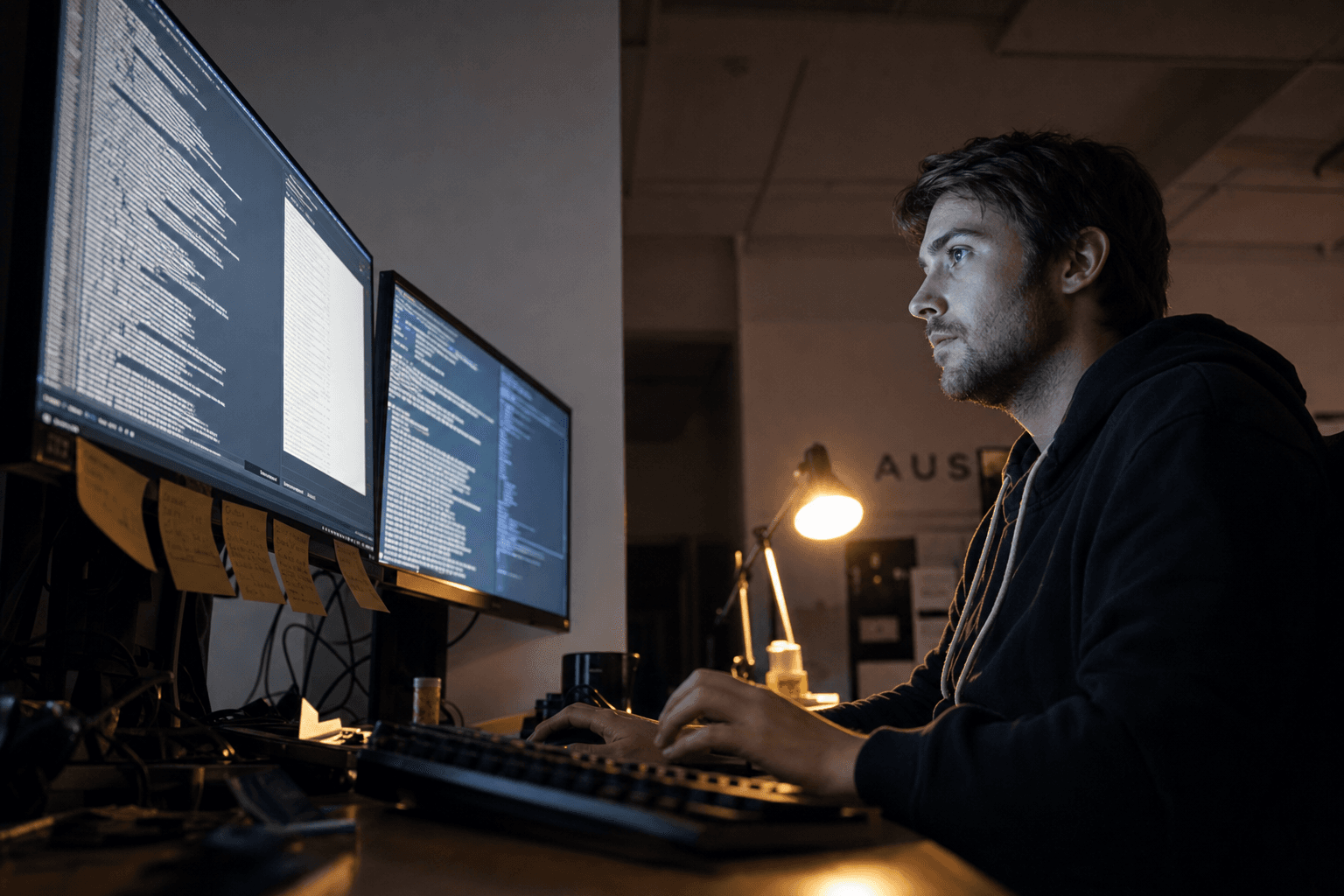 Low-angle view from desk level looking up past a keyboard to a developer's face lit by cool monitor glow and a warm amber task lamp in a dimly lit Australian office, with terminal output visible on dual screens and sticky notes on the monitor bezel.