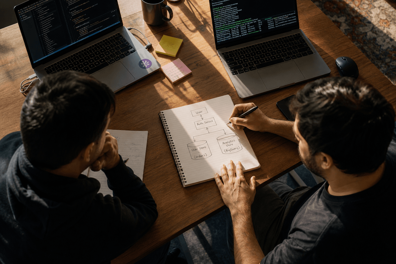 Overhead view of two engineers at a sunlit desk sketching a data isolation diagram on paper beside laptops with code on screen.