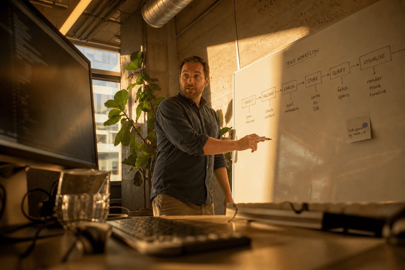 Low-angle photo looking up past desk equipment at an engineer standing at a whiteboard covered in boxes and arrows representing a chained workflow, lit by warm late-afternoon sunlight in an open-plan office.