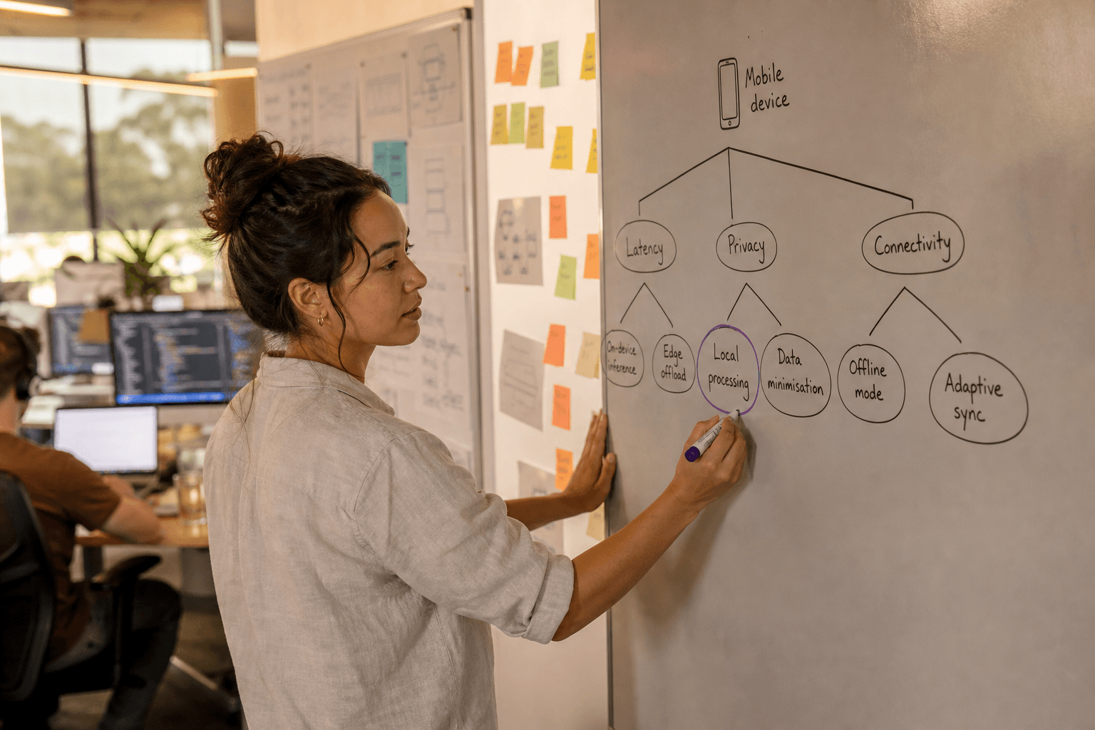 A female ML engineer sketches a structured node-and-edge decision diagram on a whiteboard in a warm Australian open-plan office, with one node circled in purple marker as a focal accent.
