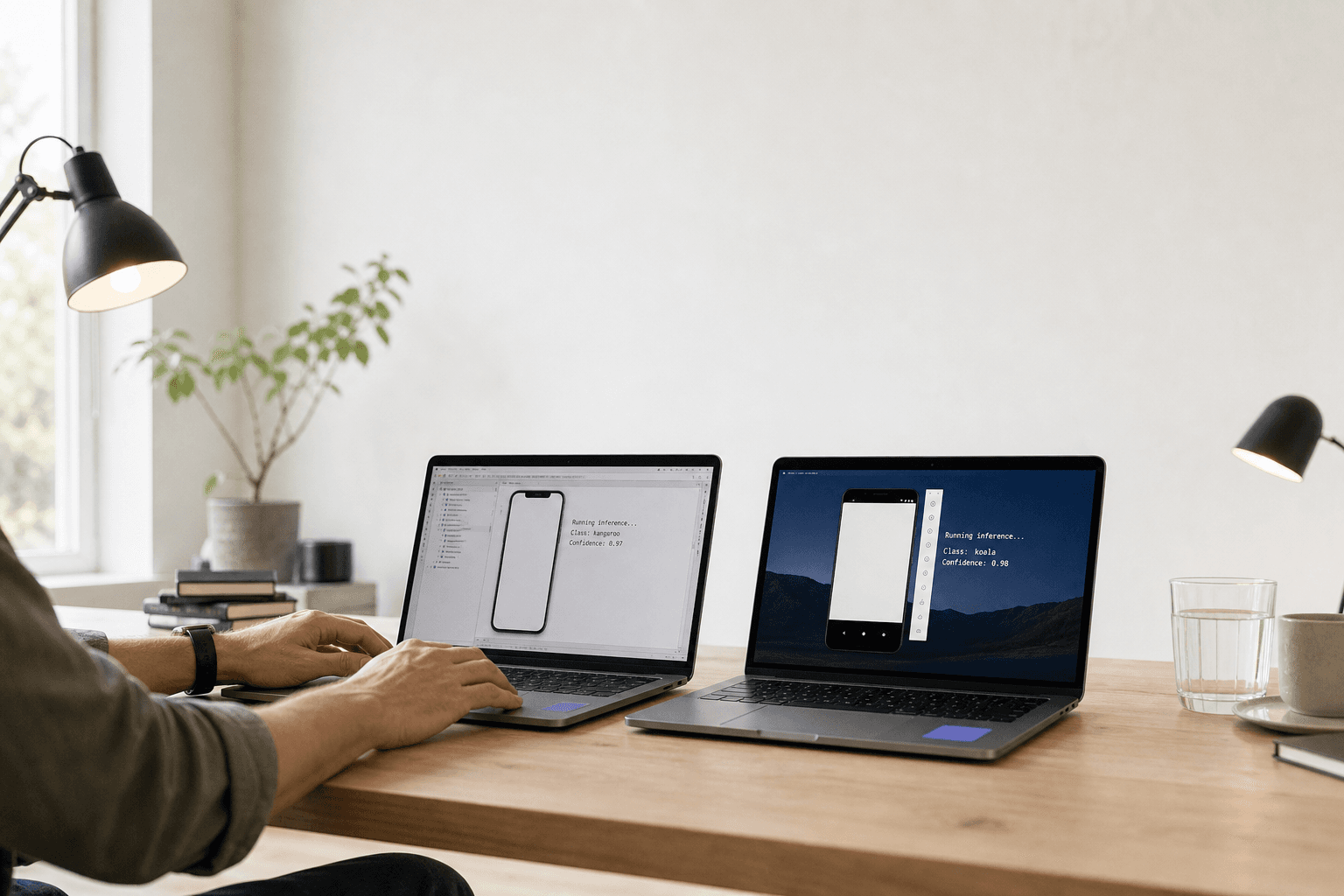 Two open laptops on a pale timber desk in a sunlit Australian office, one running an iOS simulator and one an Android emulator, with violet brand stickers on the lids and a developer's hands on the keyboard.