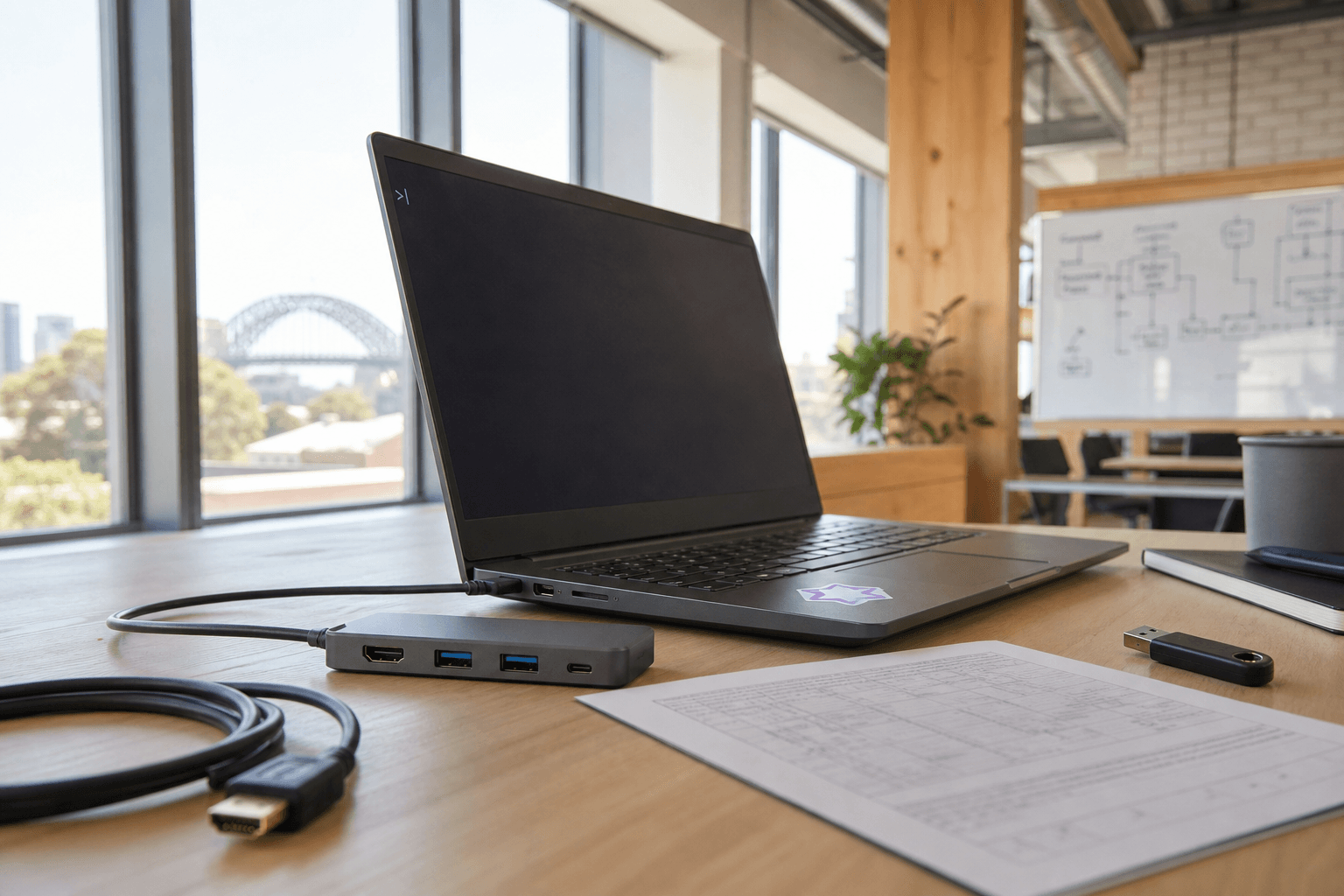 Low-angle view from desk surface looking up past a laptop and USB hub toward a bright open-plan office with a whiteboard showing hand-drawn block diagrams in natural daylight.