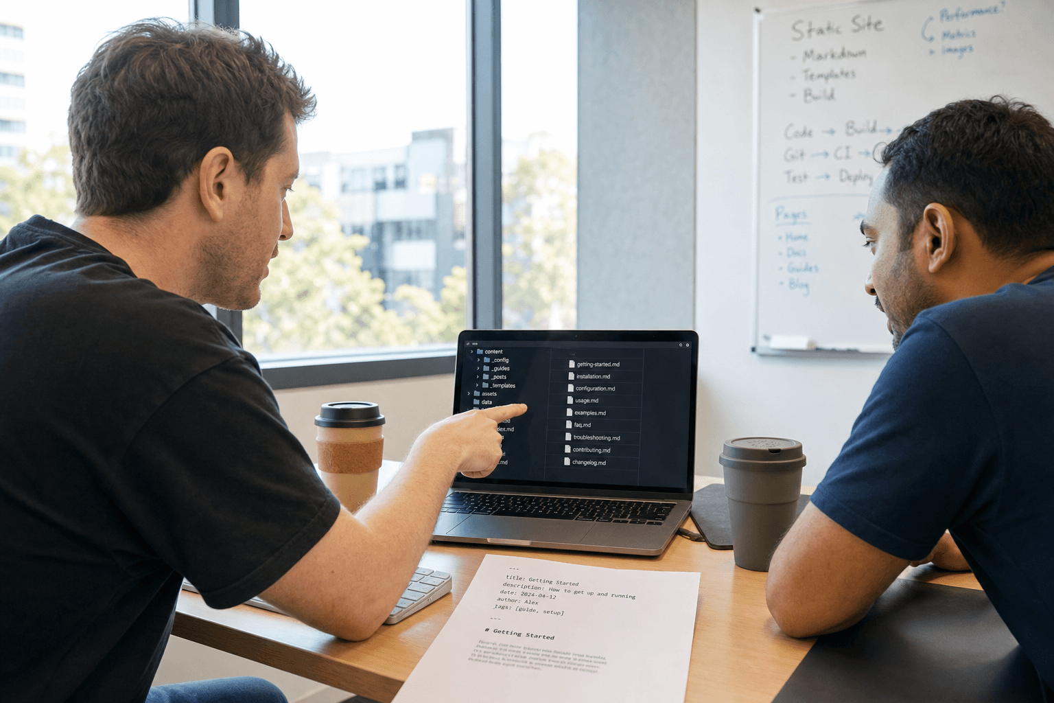 Two engineers collaborate at a shared desk in a bright, daylit Australian office, one pointing at a laptop screen displaying a file-tree of Markdown documents while the other looks on.
