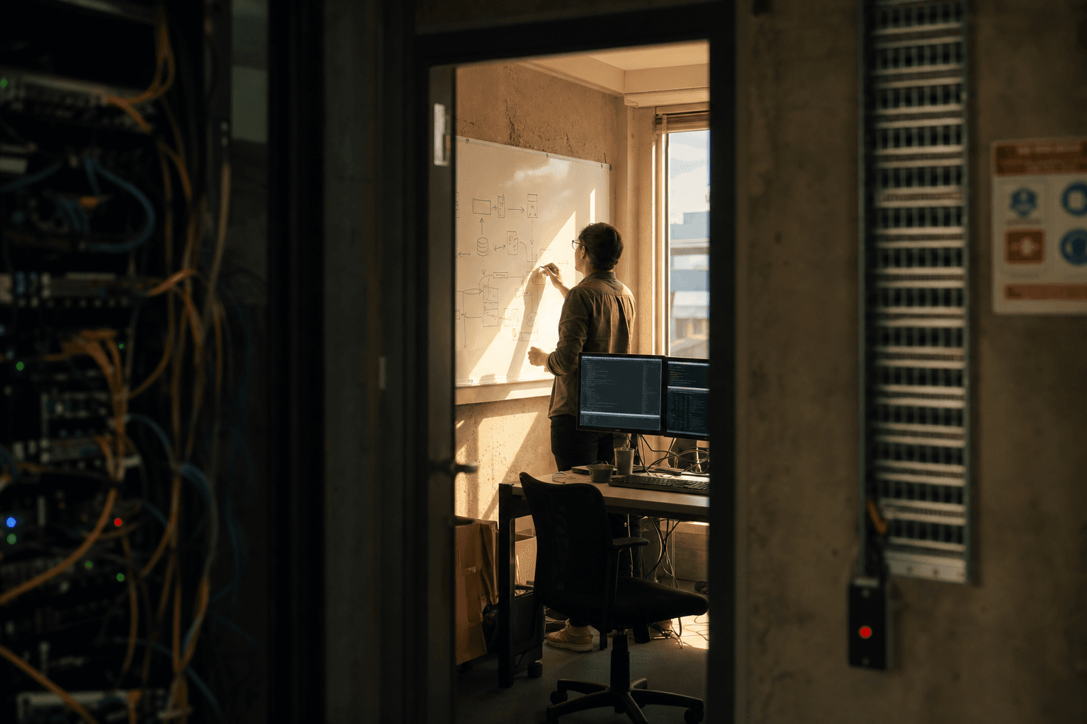 View through an office doorway into a small infrastructure room where an engineer sketches a system diagram on a whiteboard, lit by warm afternoon window light against cooler corridor shadows.