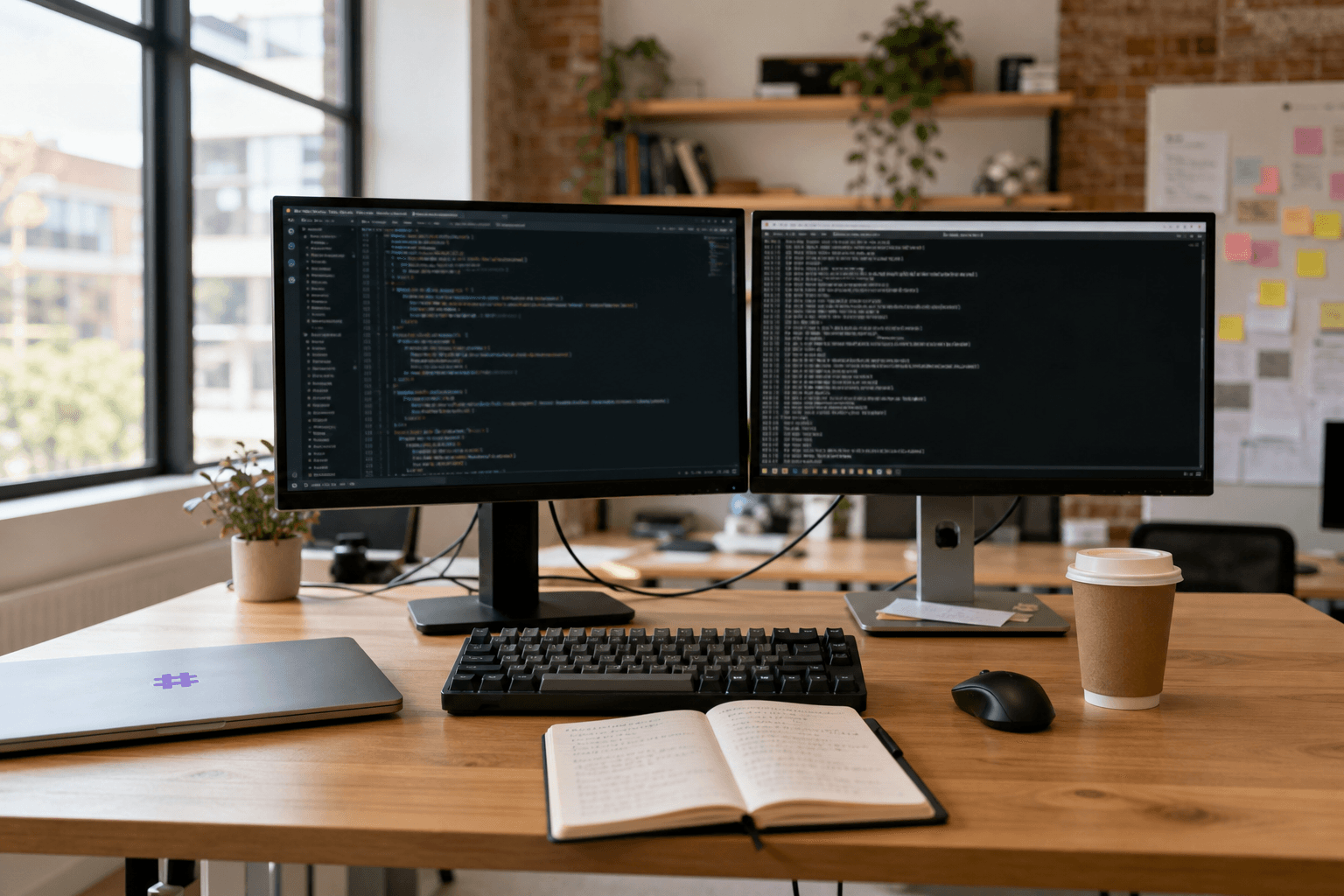 Bright daylight-lit standing desk in an Australian open-plan office showing dual monitors with blurred terminal and code editor screens, a mechanical keyboard, notebook, and takeaway coffee cup.